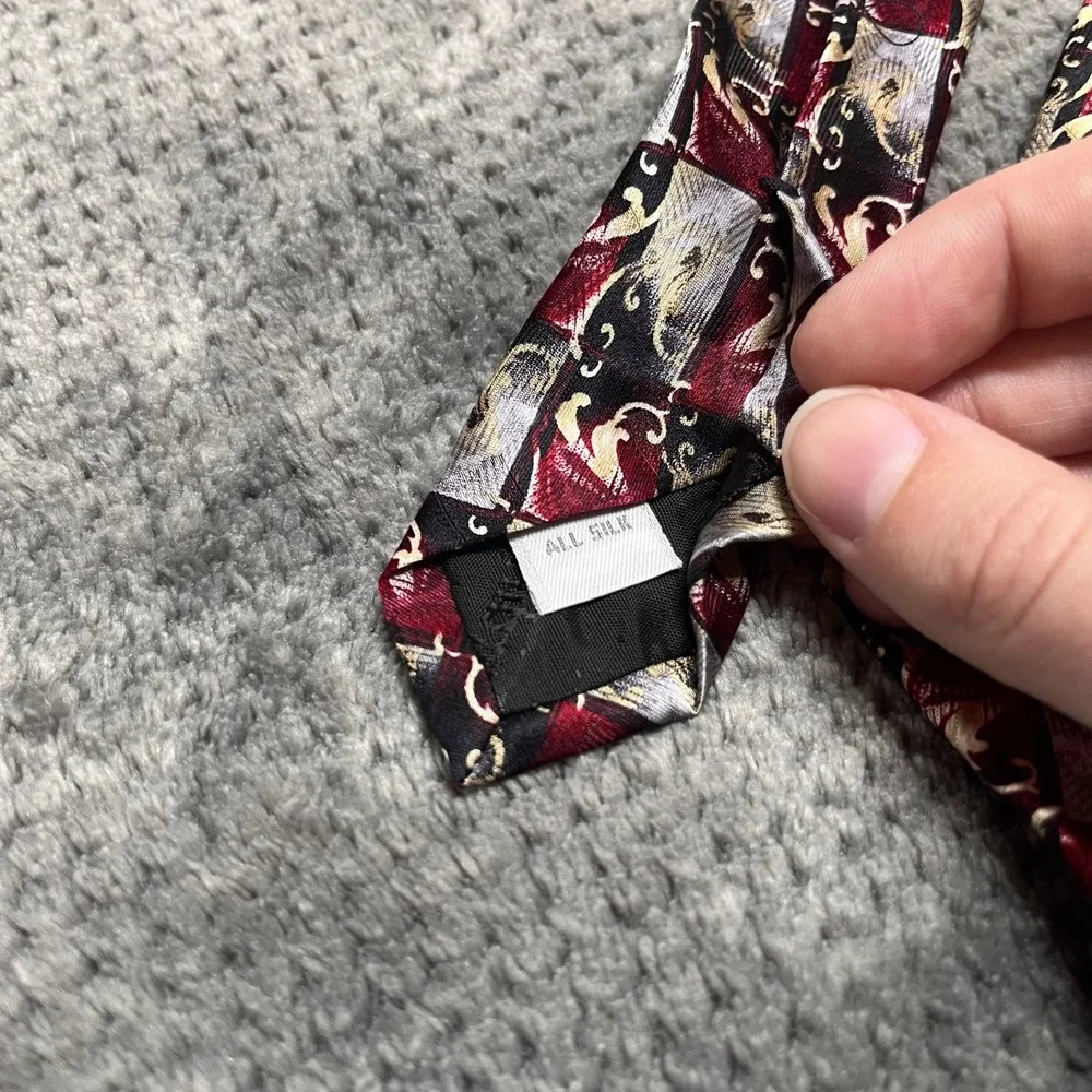 Pierre Cardin Mens Silk Tie Burgundy Silver Gold Geometric Scroll Pattern Wide